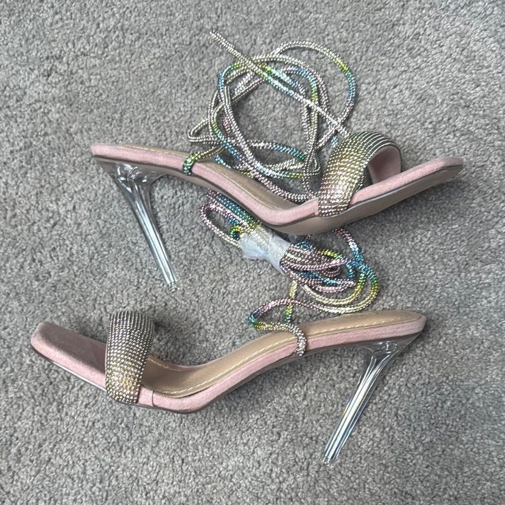 Pink Chase & Chloe Gia Rhinestone Strappy Open Toe Stiletto High Heel Size 9 NEW